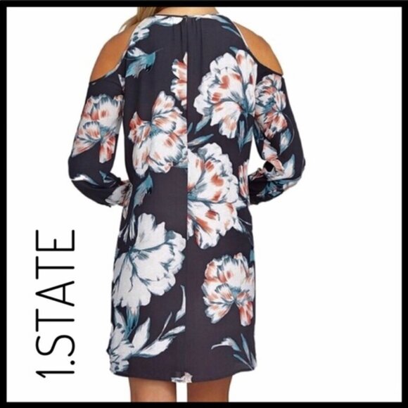 Women's S 1.State Floral Print Cold Shoulder Dress Flowy Cold Shoulder - Picture 2 of 10